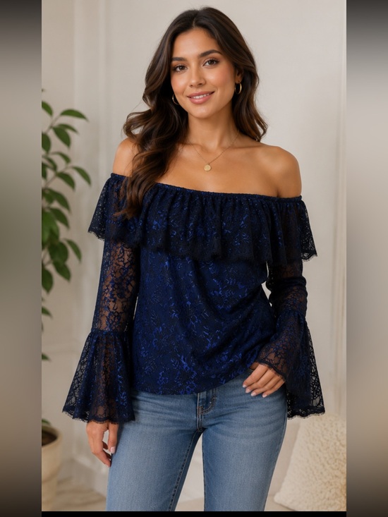 White House Black Market Tops - (J1)White House Black Market Off-the-Shoulder Lace and Blue Top 12P,Gothic Style